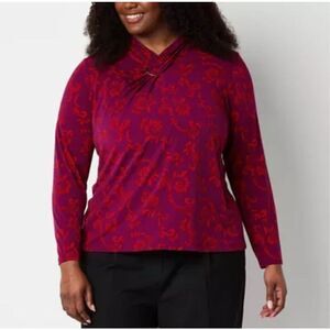 NWT LIZ CLAIBORNE Women’s Career Blouse 3X Magenta Scroll‎ Long Sleeve Stretch